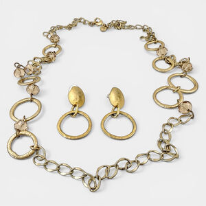 LOFT Y2K Gold Hammered Circle Necklace Set, Champagne Crystal Long Statement Nec